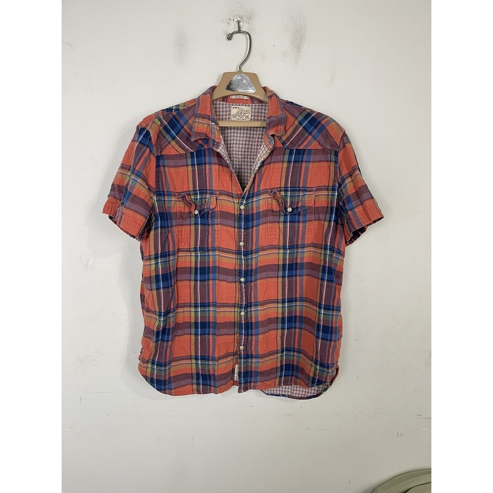 Rusty Vintage Mens Shirt XXL Plaid Button‎ Up Shirt Orange Blue Cabincore